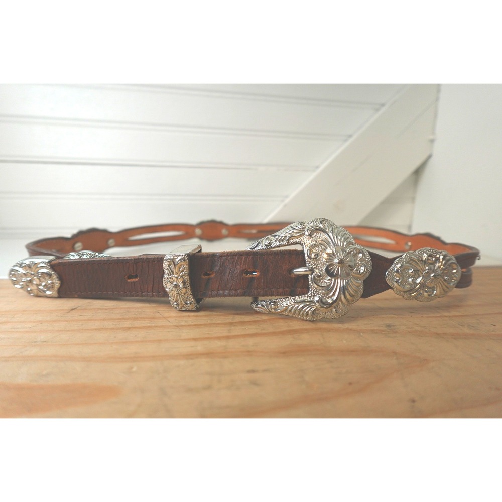 Women's Nocona Concho Belt Size 34 M/L Brown Leather Silver Tone Charms & Buckle